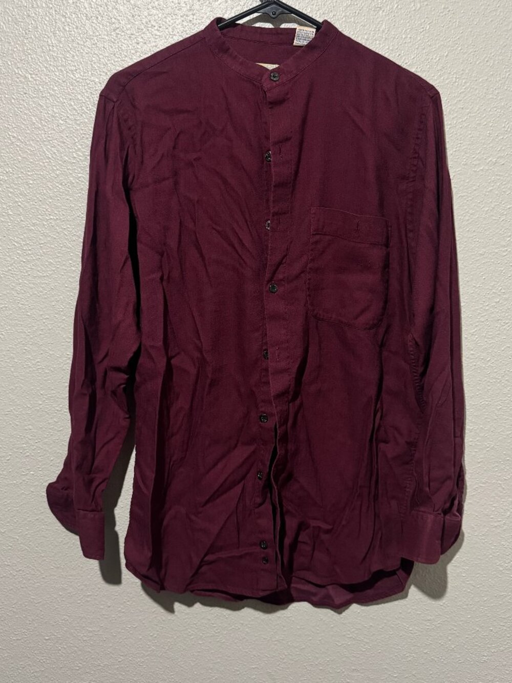 Vintage Murano Men’s Burgundy Band Collar Long Sleeve Button-Up Shirt Cotton